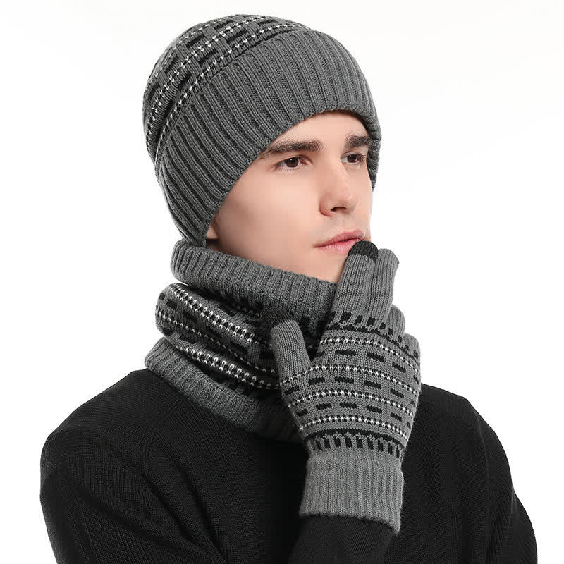 3Pcs Loose Double Layer Knit Hat Scarf Gloves Set - Dark Gray - Adjustable (22"-23 5/8") - image 12