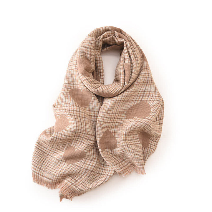 Women's Dual-sided Color Block Heart Plaid Scarf - Beige - image 2