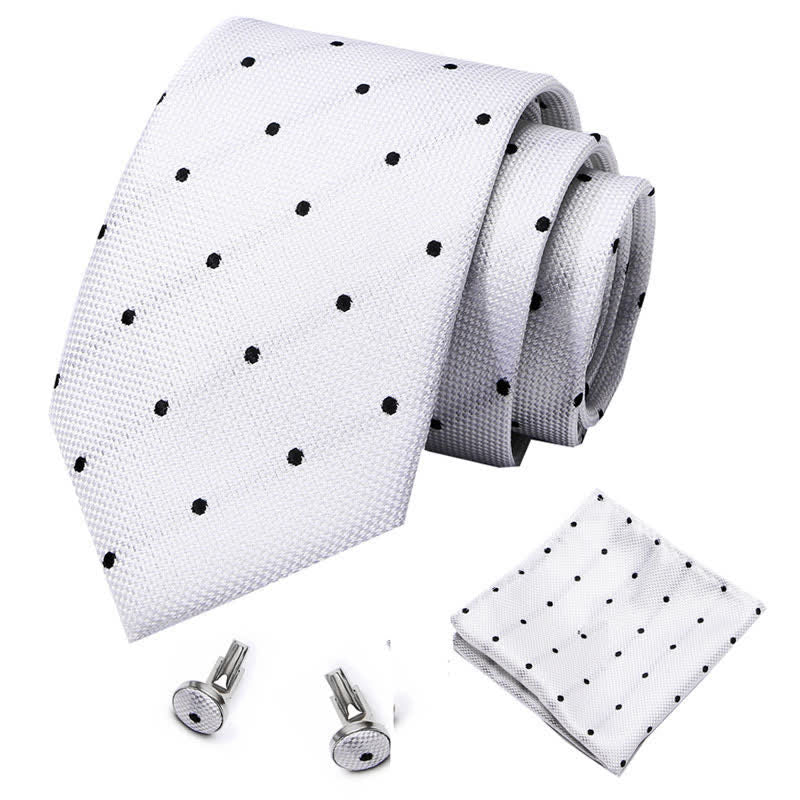 3Pcs Men's White & Black Fine Point Polka Necktie Set - image 1