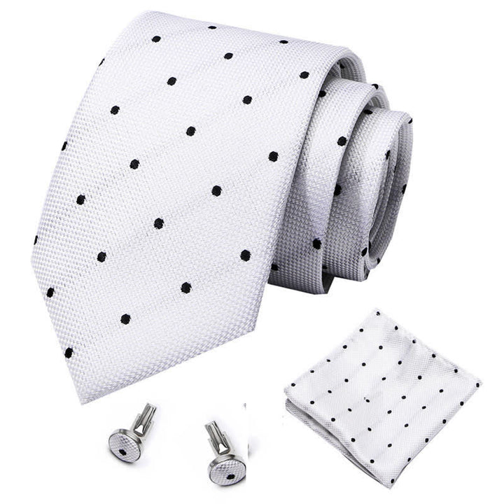 3Pcs Men's White & Black Fine Point Polka Necktie Set - image 1