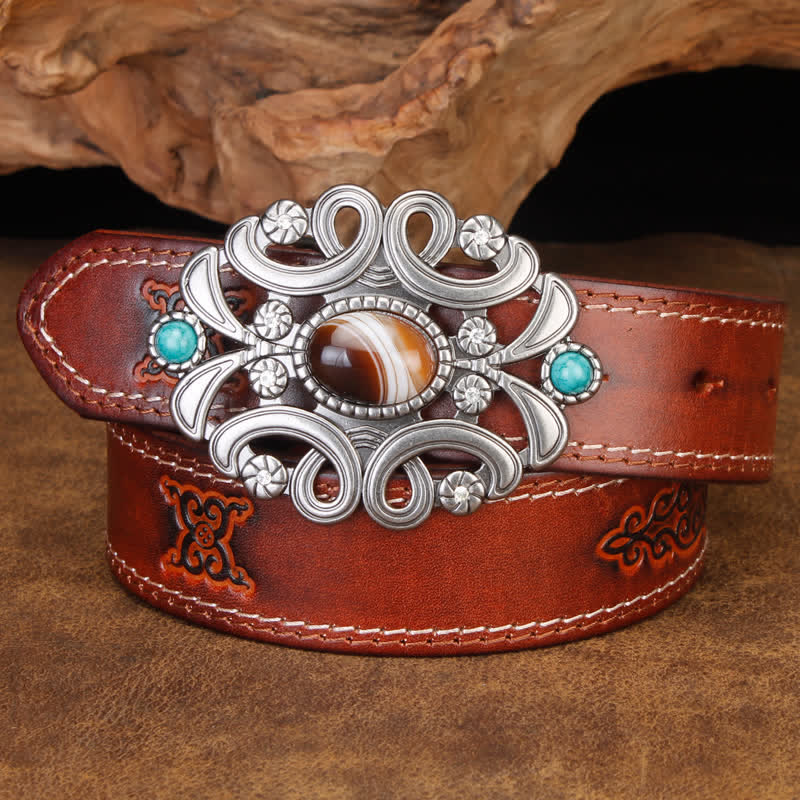 Unisex Agate Stone Turquoise Hollow Flower Leather Belt - Coffee - 44 - image 0