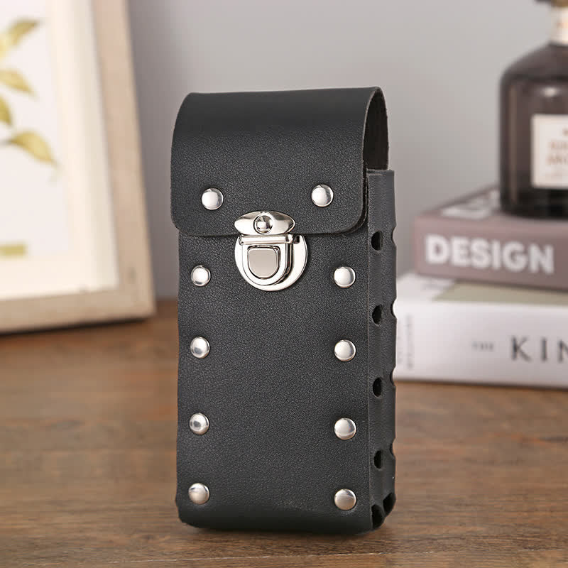 Rivet Decor Button Universal Phone Leather Belt Bag - Black - Vertical - image 6