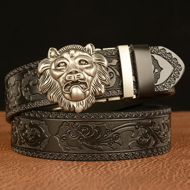 Men's 3D Sculpture Lion Head Leather Belt - Silver & Black - 46 - image 15