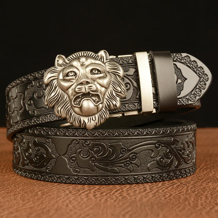 Men's 3D Sculpture Lion Head Leather Belt - Silver & Black - 46 - image 15