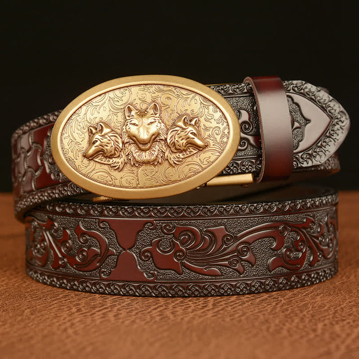 Men's Legend Of Hungry Wolves Leather Belt - Gold & Brown - 46 - image 0
