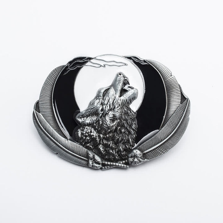 Men's DIY Howling Wolf Moon Oval Buckle Leather Belt - White - Without Belt - image 3