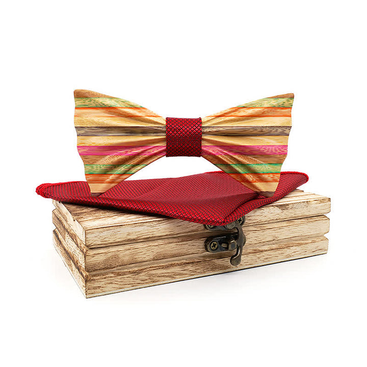 2Pcs Men's Rainbow Wrinkle Wooden Bow Tie Set - Red - image 7