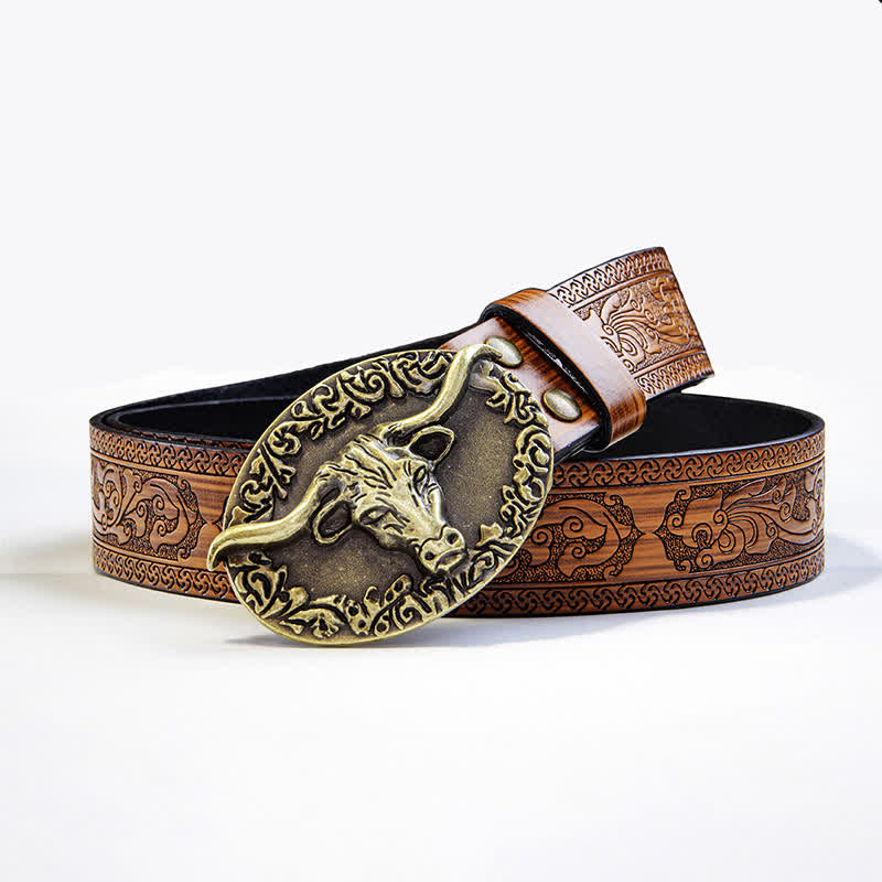 Men's Vintage Bull Head Brown Embossed Leather Belt - Bull - 34 - image 0