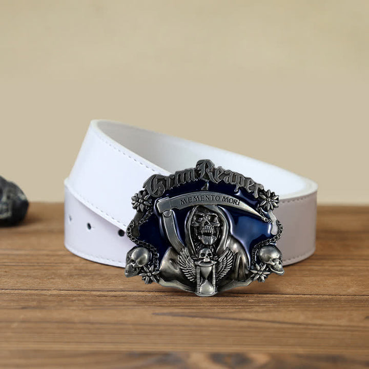 Men's DIY Death Sickle Skull Buckle Leather Belt - Skull - White PU Belt (40) - image 5