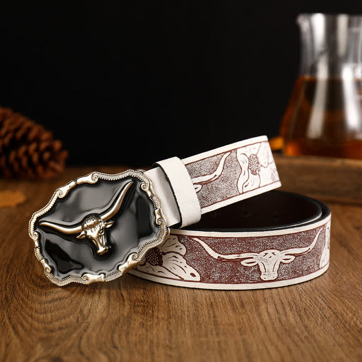 Men's Black Western Longhorn Bull Head Leather Belt - image 0