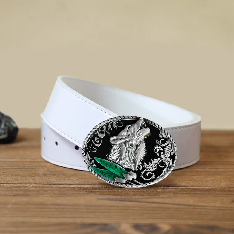 Men's DIY Howling Wolf Head Buckle Leather Belt - Antique Silver - White PU Belt (40) - image 7