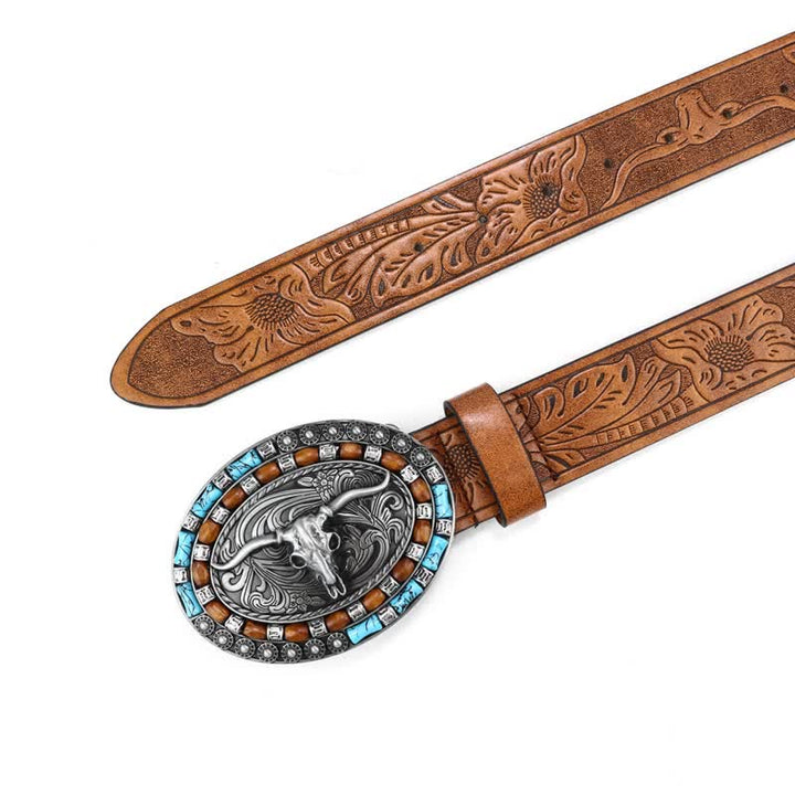 Men's Western Cowboy Turquoise Bull Leather Belt - image 7
