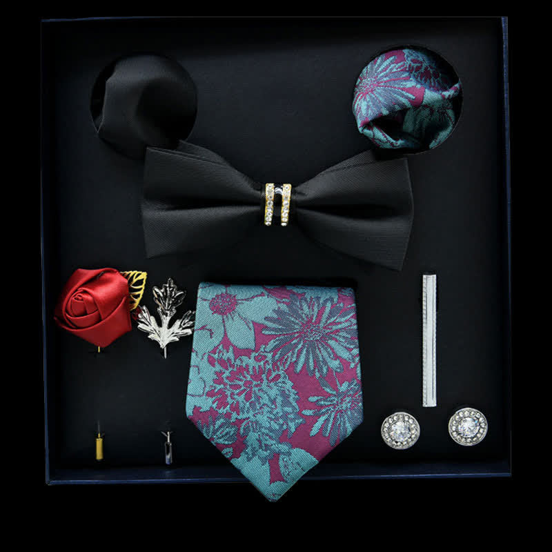 8Pcs Black&SkyBlue Floral Casual Necktie Bow Ties Gift Box - Black&SkyBlue - image 0