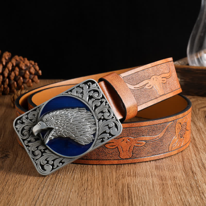 Men's Rectangular Bald Eagle Head Western Leather Belt - Brown #1 - 42 - image 6