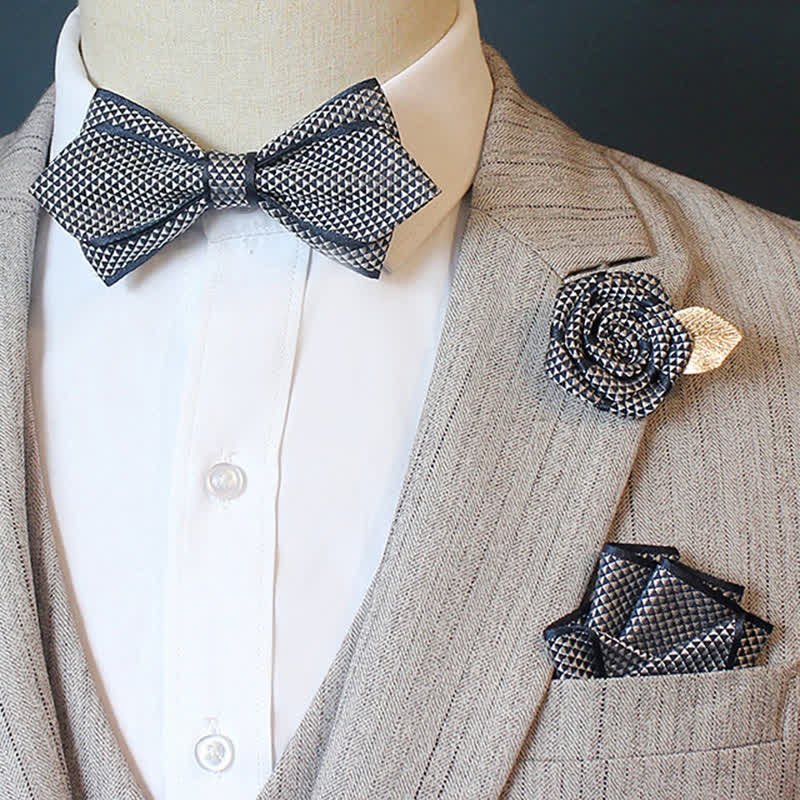 3Pcs Men's Micro Check Wedding Groom Bow Tie Set - Pointy - Navy Blue - image 8
