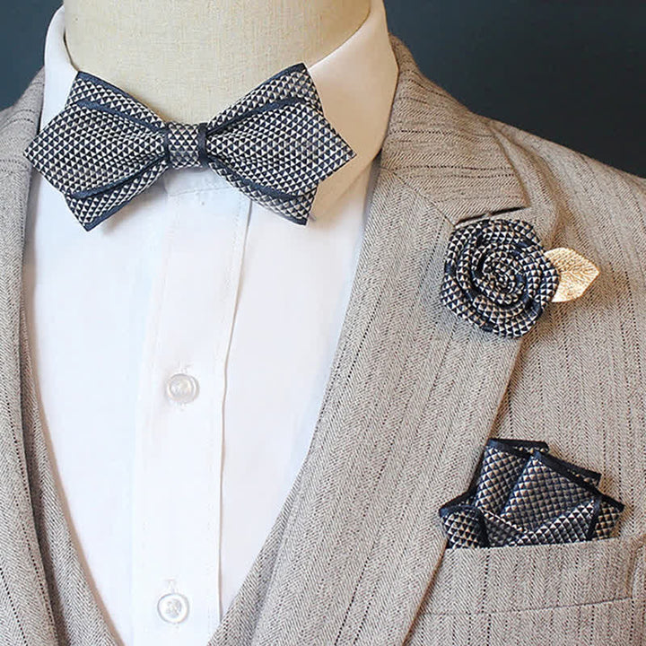 3Pcs Men's Micro Check Wedding Groom Bow Tie Set - Pointy - Navy Blue - image 8