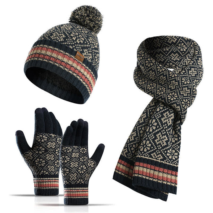 3Pcs Unisex Snowflake Hat Scarf Touchscreen Gloves Set - Navy - Adjustable (22"-23 5/8") - image 3