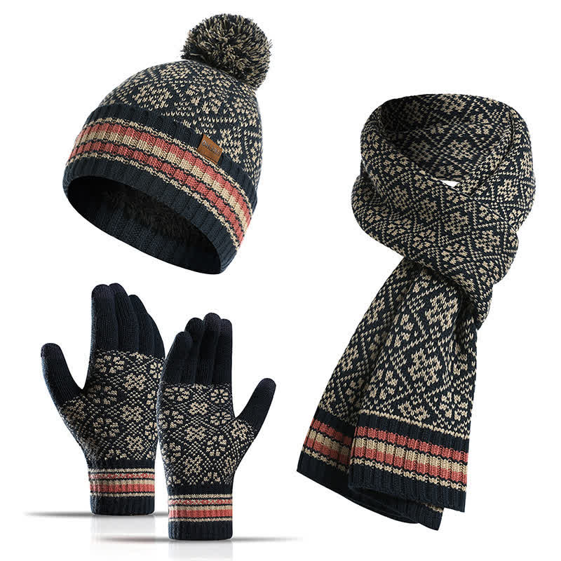 3Pcs Unisex Snowflake Hat Scarf Touchscreen Gloves Set - Navy - Adjustable (22"-23 5/8") - image 3