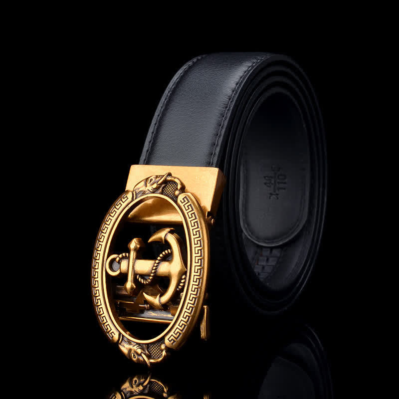 Men's Nautical Ship Anchor Leather Belt - Black & Gold - 46 - image 0