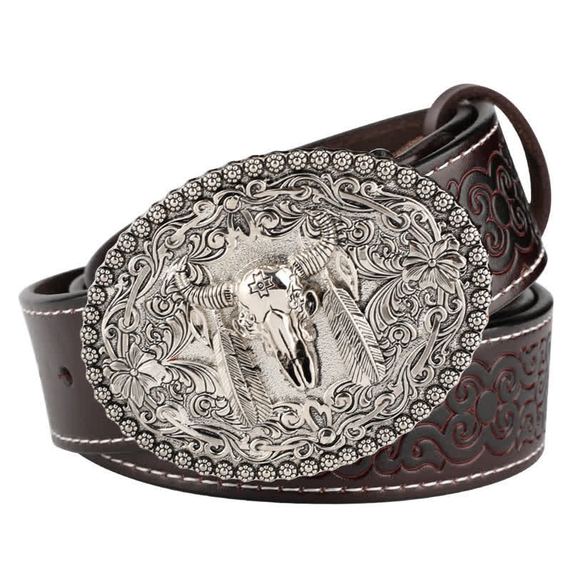 Men's Engarved Feather Bull Jeans Leather Belt - Style #1 - Coffee / Silver - 46 - image 12