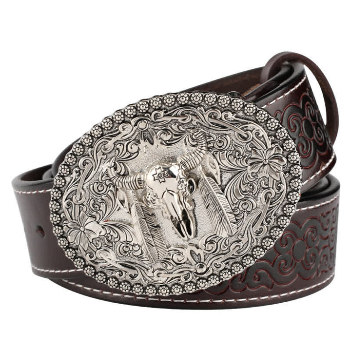 Men's Engarved Feather Bull Jeans Leather Belt - Style #1 - Coffee / Silver - 46 - image 12