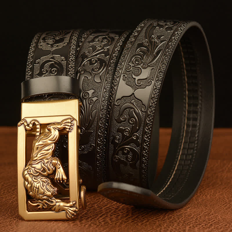 Men's Tiger Buckle Floral Embossed Leather Belt - image 13