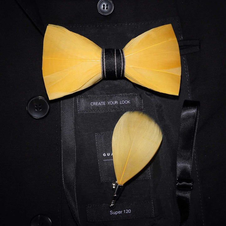 Bright Yellow Lively Feather Bow Tie with Lapel Pin - Yellow - image 0