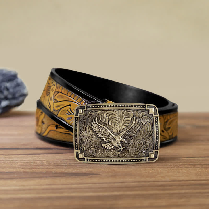 Men's DIY Soaring Eagle In Dreamy Sky Buckle Leather Belt - Antique Bronze - SandyBrown Belt (40) - image 20