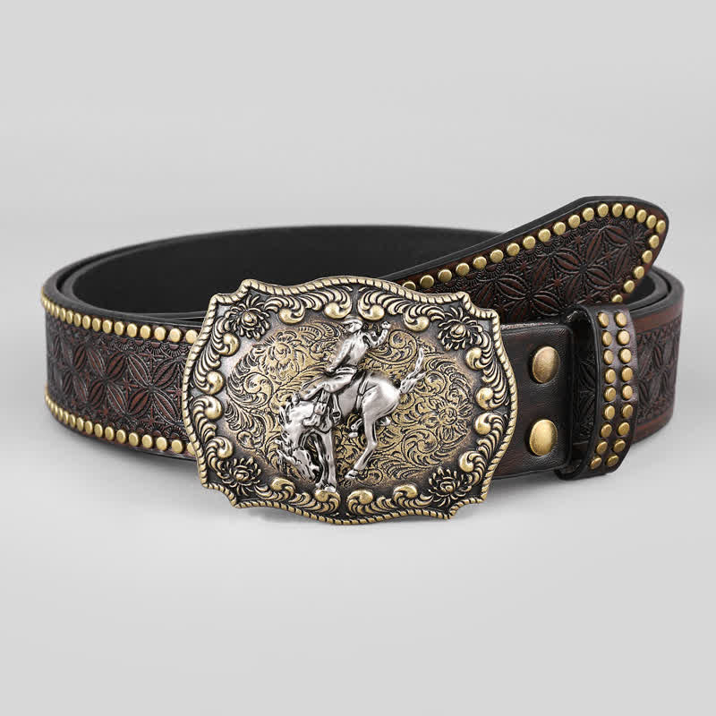 Men's Riding Horse Floral Pattern Leather Belt - image 2