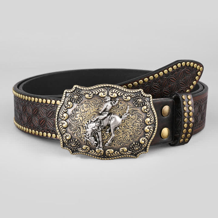 Men's Riding Horse Floral Pattern Leather Belt - image 2