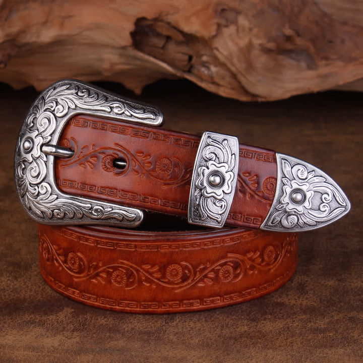 Unisex Rustic Texture Flower Printing Leather Belt - Brown - 44 - image 0