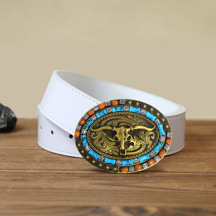 Men's DIY Turquoise Wood Bead Bull Buckle Leather Belt - Gold - White PU Belt (115 cm/46 inch) - image 7