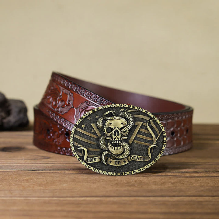 Men's DIY "Liberty or Death" Snake Skull Buckle Leather Belt - Antique Bronze - Brown Carved Belt (40) - image 19