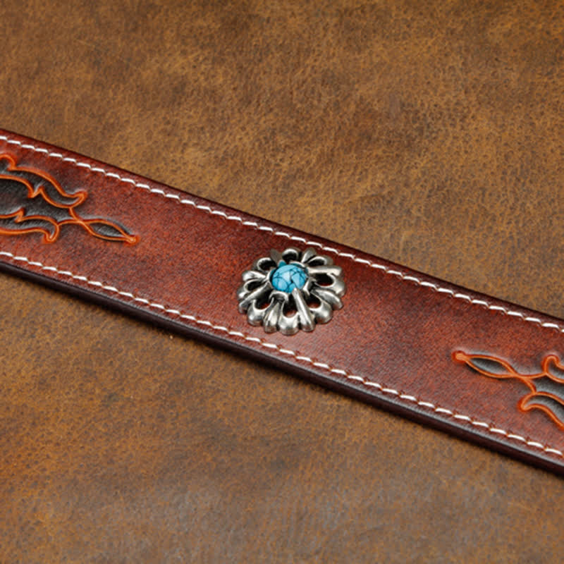 Unisex Retro Brown Turquoise Flower Leather Belt - image 6