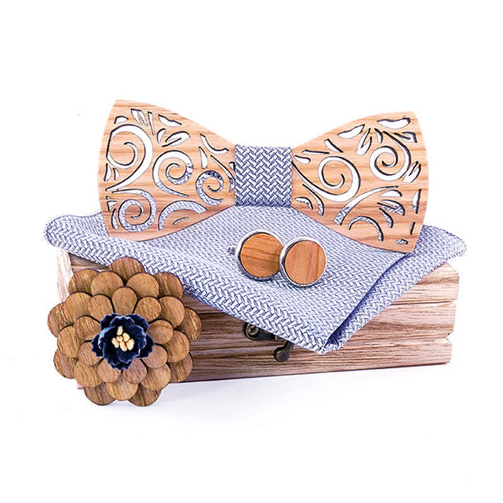 4Pcs Men's Hollow Leaf Design Wooden Bow Tie Set - Gray - image 0