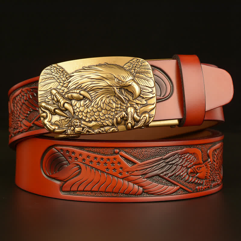 Men's Vintage Eagle Wings Automatic Buckle Leather Belt - Brown / Gold - 46 - image 0