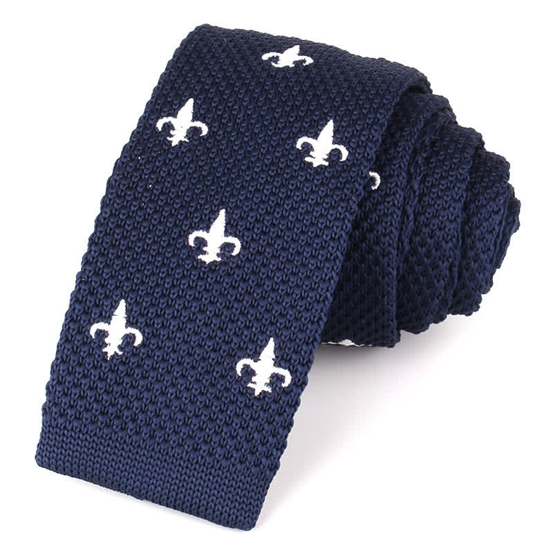 Men's Repeating Motifs Skinny Knitted Necktie - Navy Fleur De Lis - image 3