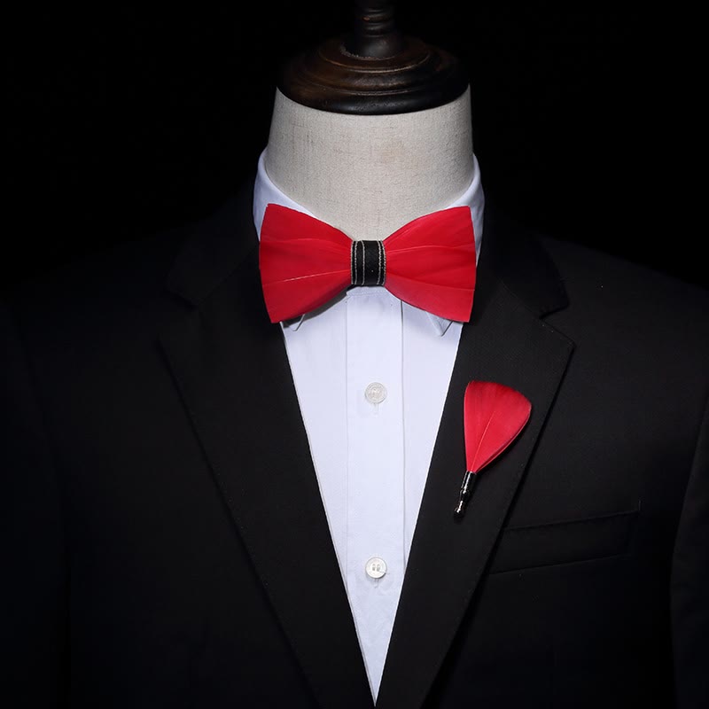 Solid Red Classic Feather Bow Tie with Lapel Pin - image 1