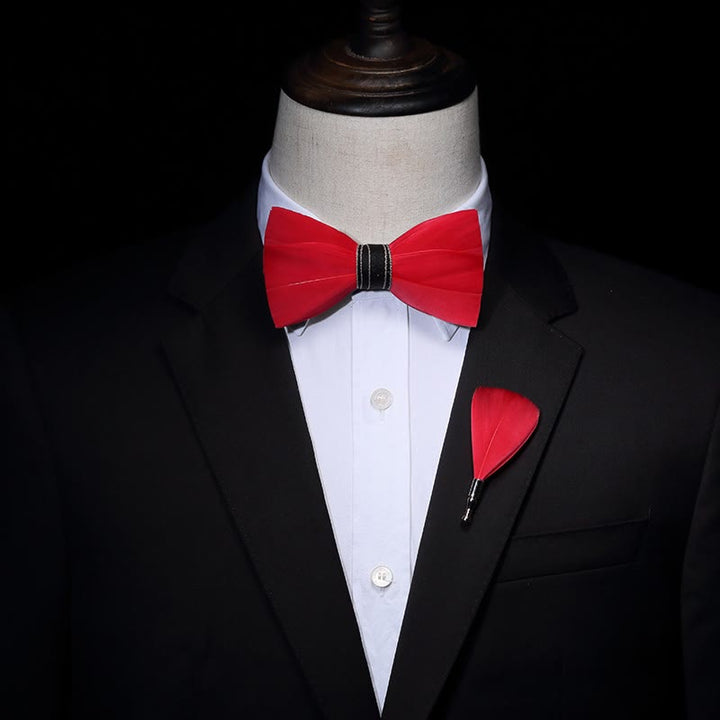 Solid Red Classic Feather Bow Tie with Lapel Pin - image 1