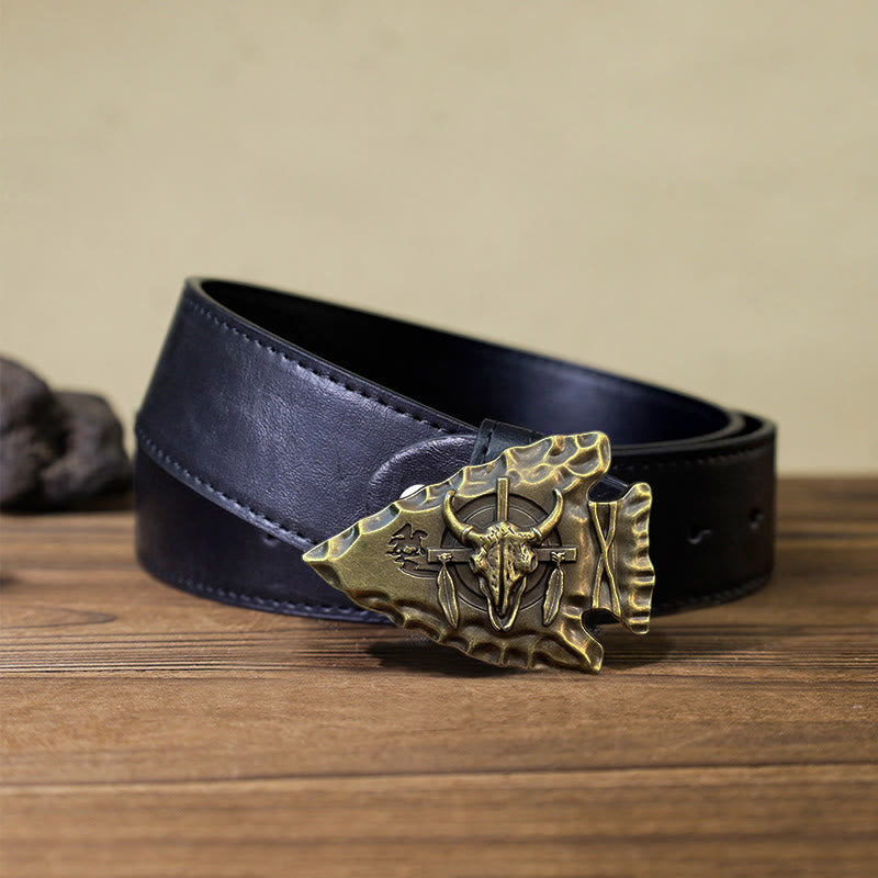 Men's DIY Arrowhead Shaped Bull Buckle Leather Belt - Antique Bronze - Black PU Belt (40) - image 6