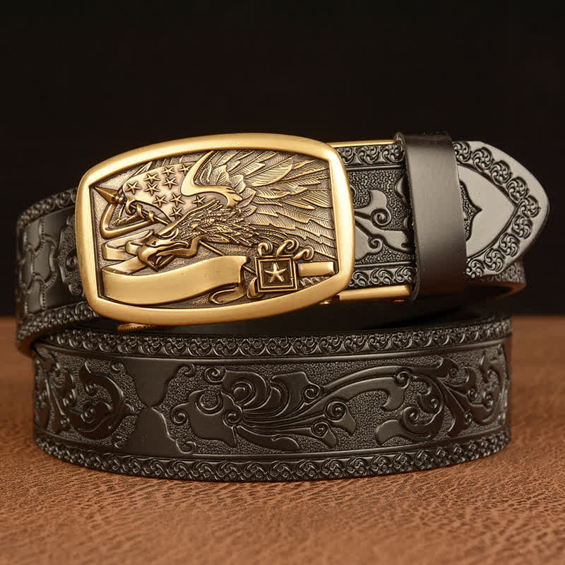Men's American Flag Hawk Eagle Leather Belt - Gold & Black - 46 - image 9