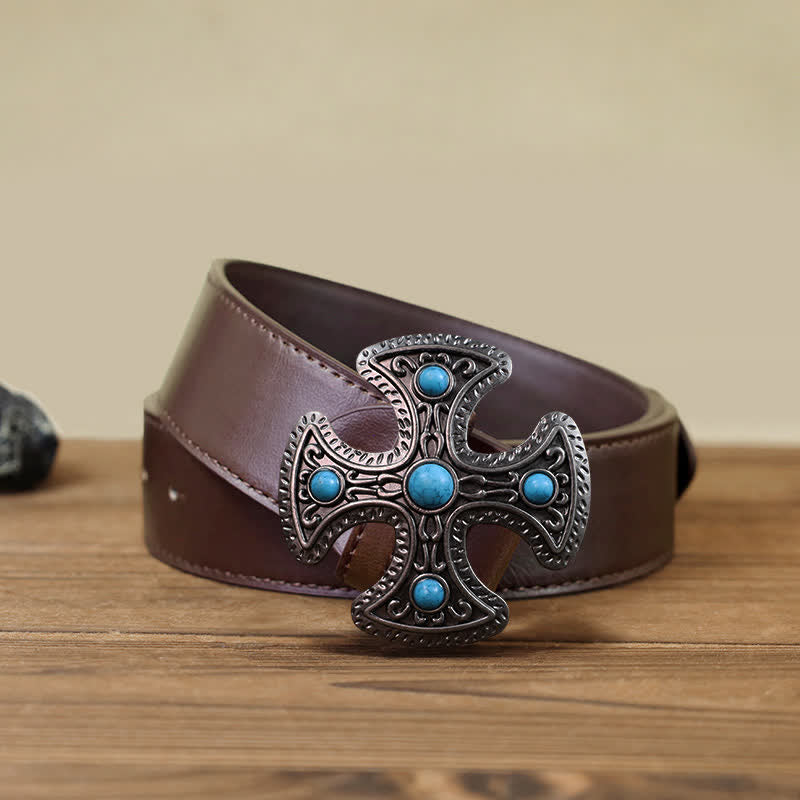 Men's DIY Retro Turquoise Stone Cross Buckle Leather Belt - Cross - Brown PU Belt (40) - image 6