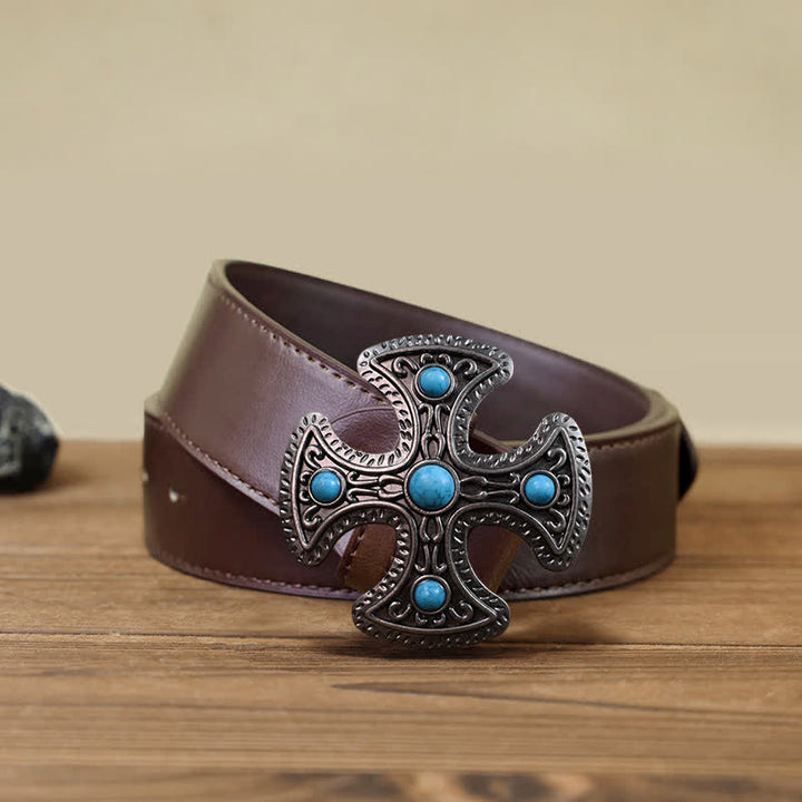 Men's DIY Retro Turquoise Stone Cross Buckle Leather Belt - Cross - Brown PU Belt (40) - image 6