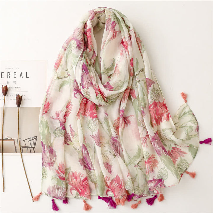 Women's Floral Soft Cape Wheat Fringe Scarf - Violet - image 10