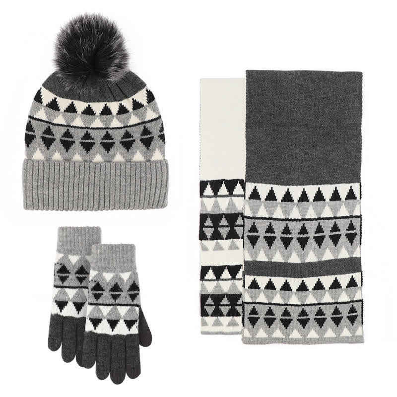3Pcs Women's Triangle Pattern Hat Scarf Gloves Set - Black - Adjustable (Approx. 21 1/4"-22 7/8") - image 9