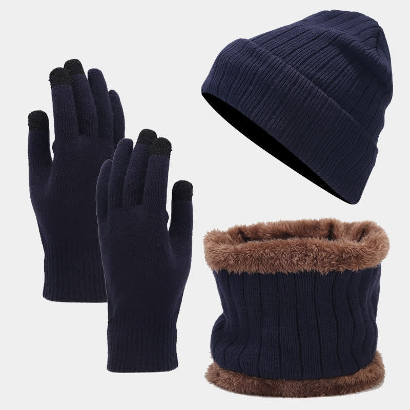 3Pcs Unisex Thickened Twill Knit Hat Scarf Gloves Set - Navy - Adjustable (22"-22 7/8") - image 0