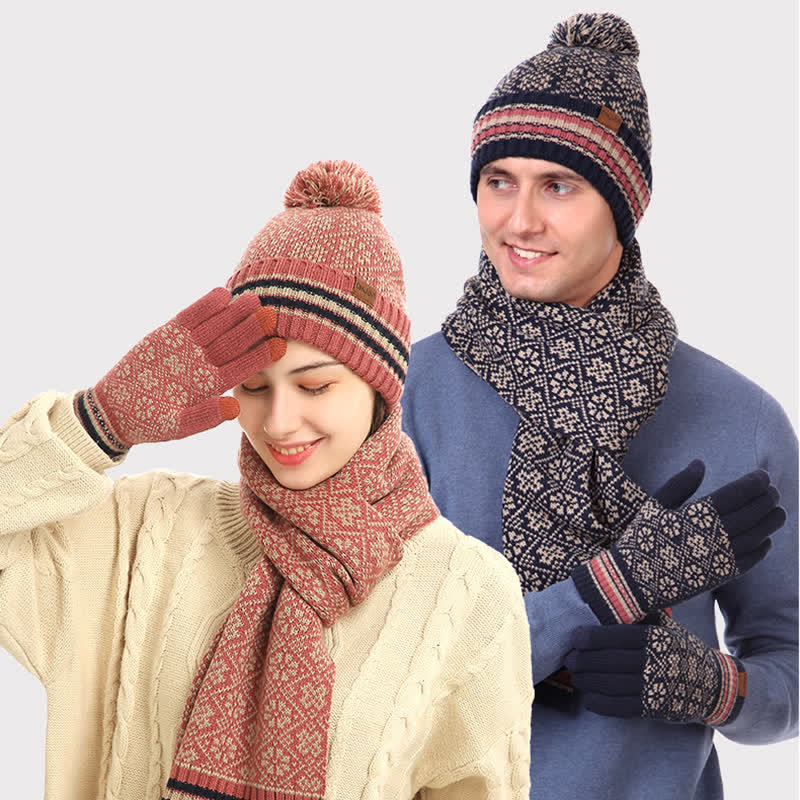 3Pcs Unisex Snowflake Hat Scarf Touchscreen Gloves Set - image 1