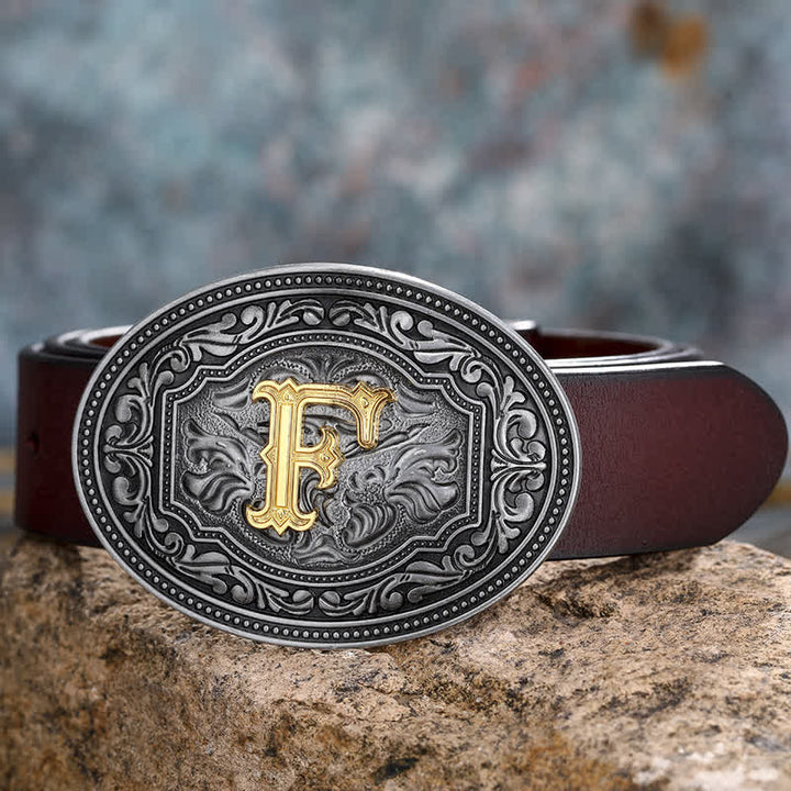 DIY Unisex Hip Hop Initial Letter Embossment Buckle Leather Belt - F - 44 - image 10