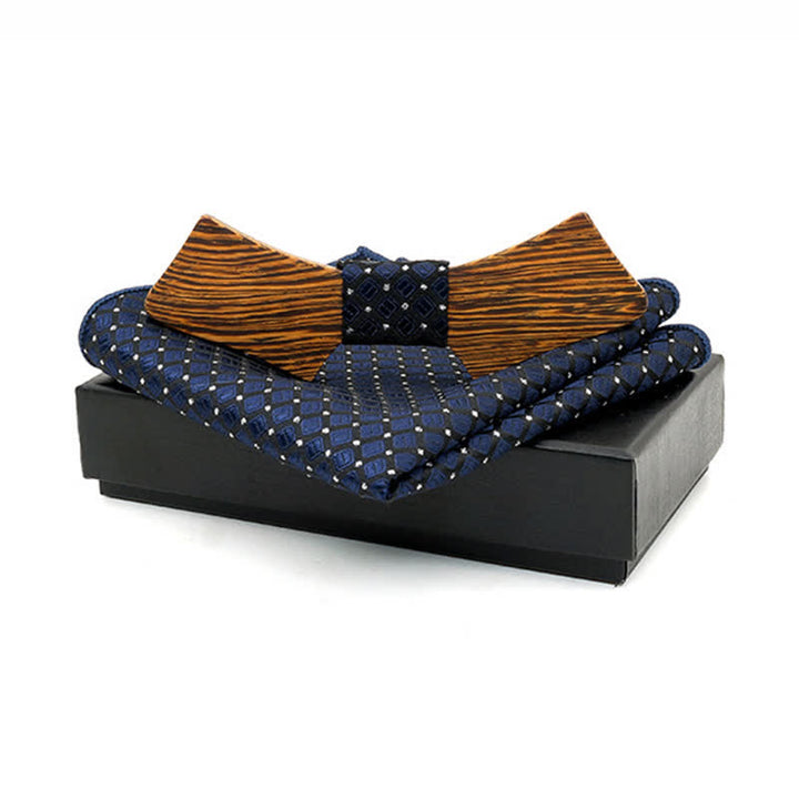 2Pcs Men's Collar-shaped Wooden Bow Tie Set - MidnightBlue Checks - image 15