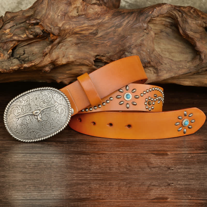 Men's Punk Rivet Longhorn Bull Turquoise Real Leather Belt - image 1